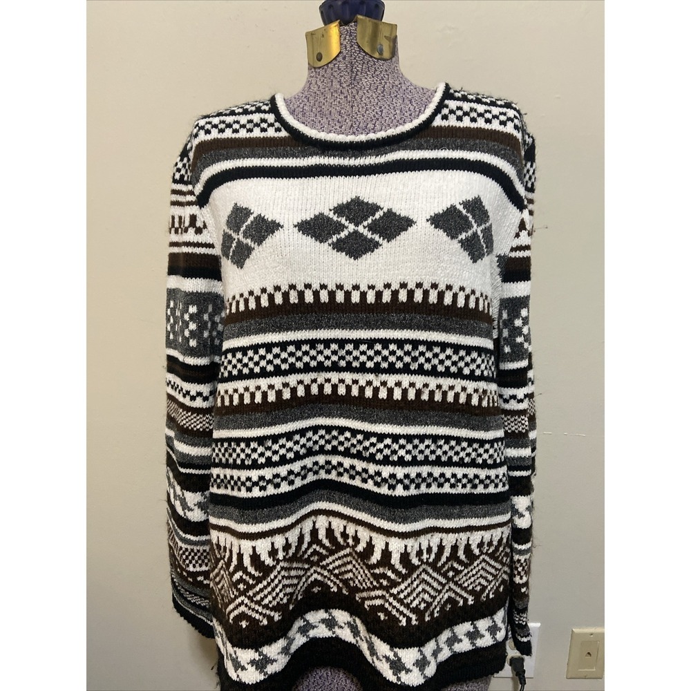 CJ‎ Banks Crewneck Sweater Womens XL Pullover Soft Black/Wht/Gray Acrylic